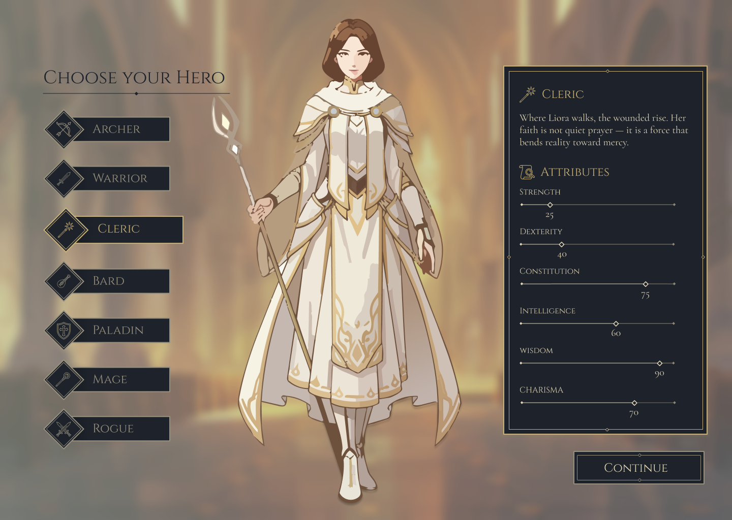 Cleric selection screen