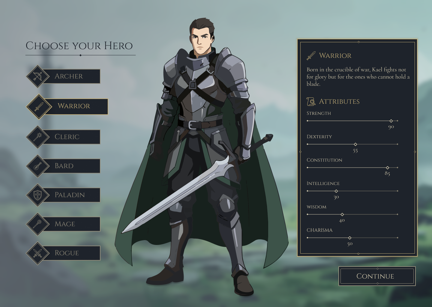 Warrior selection screen
