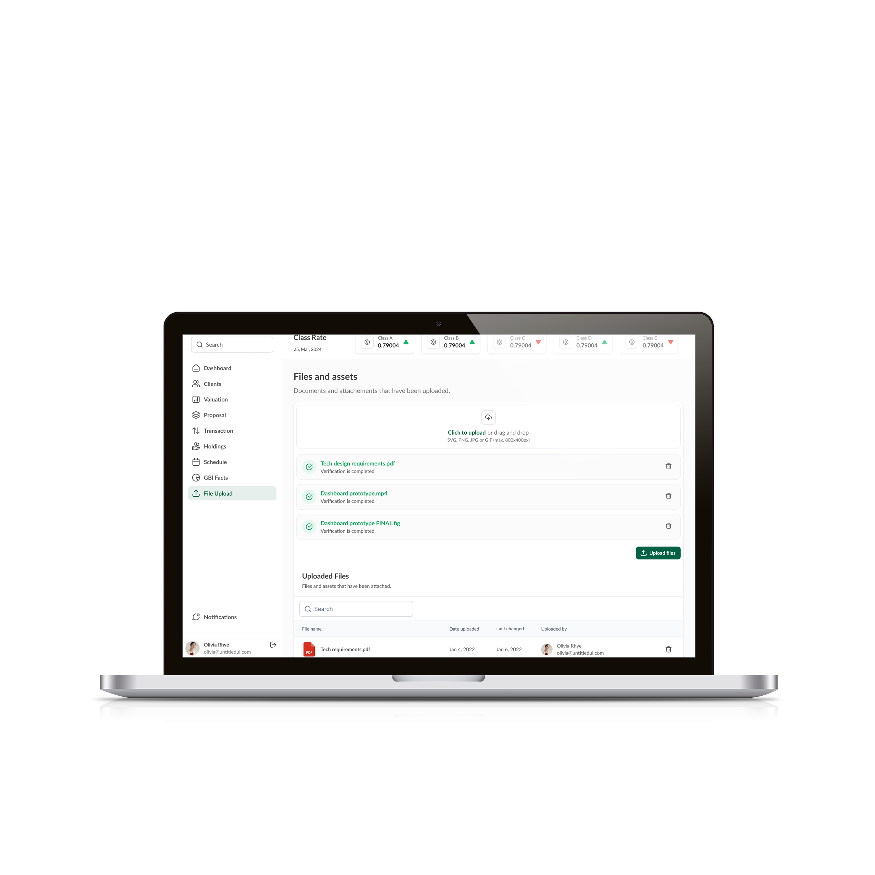 File upload and asset management module — structured file listing with verification status per document
