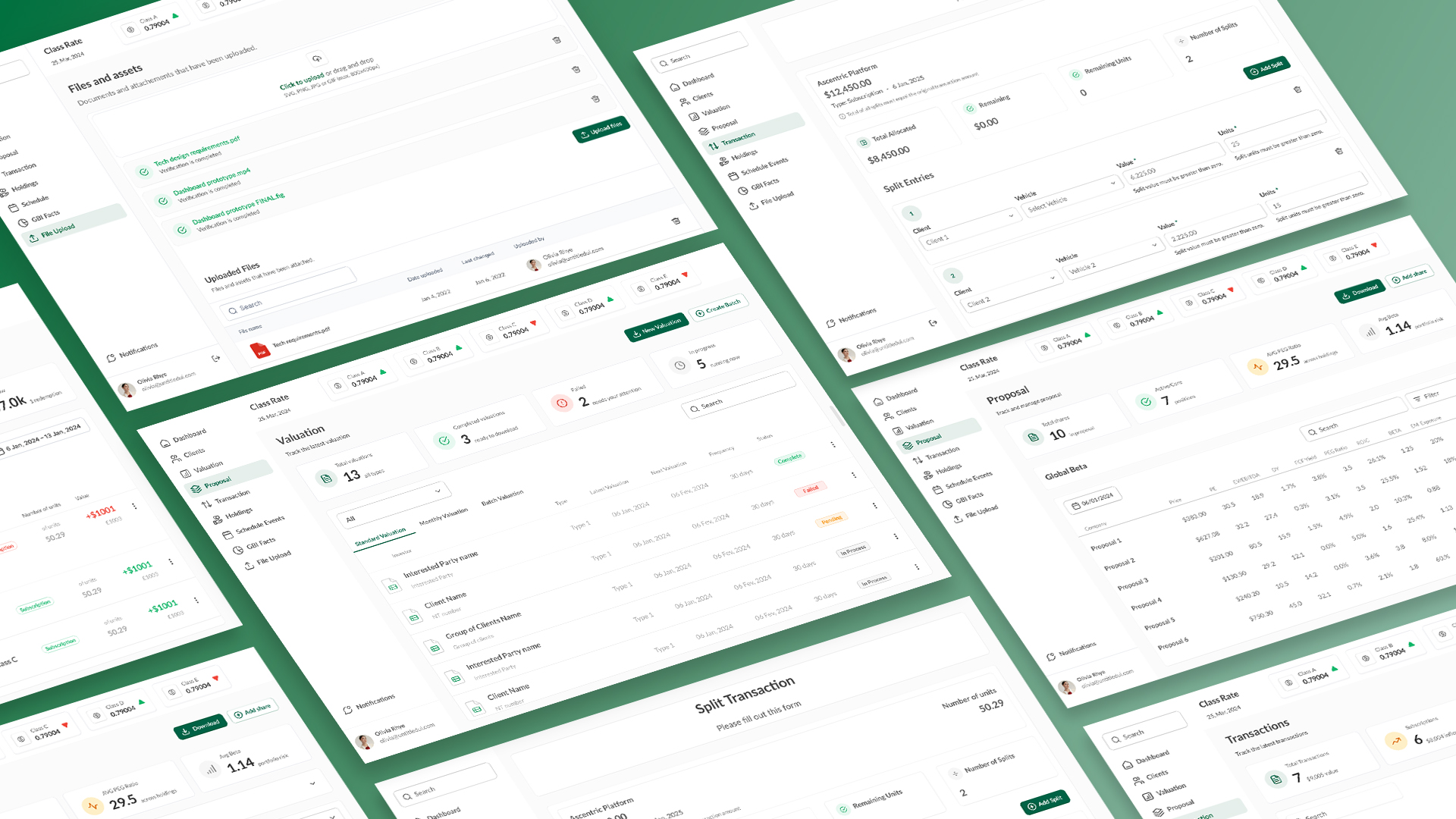Overview of all Fund Administration Platform screens arranged together, showing the full scope of modules designed
