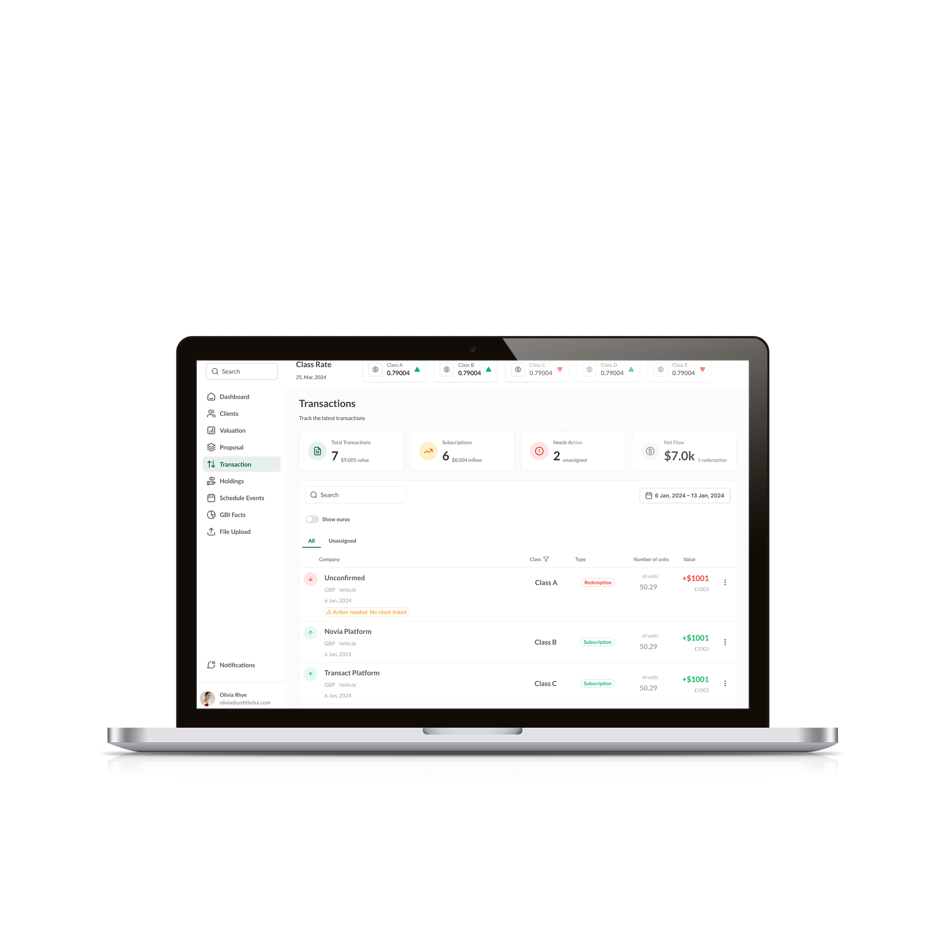 Transactions module — chronological transaction log with subscription/redemption types, amounts, and action-needed flags