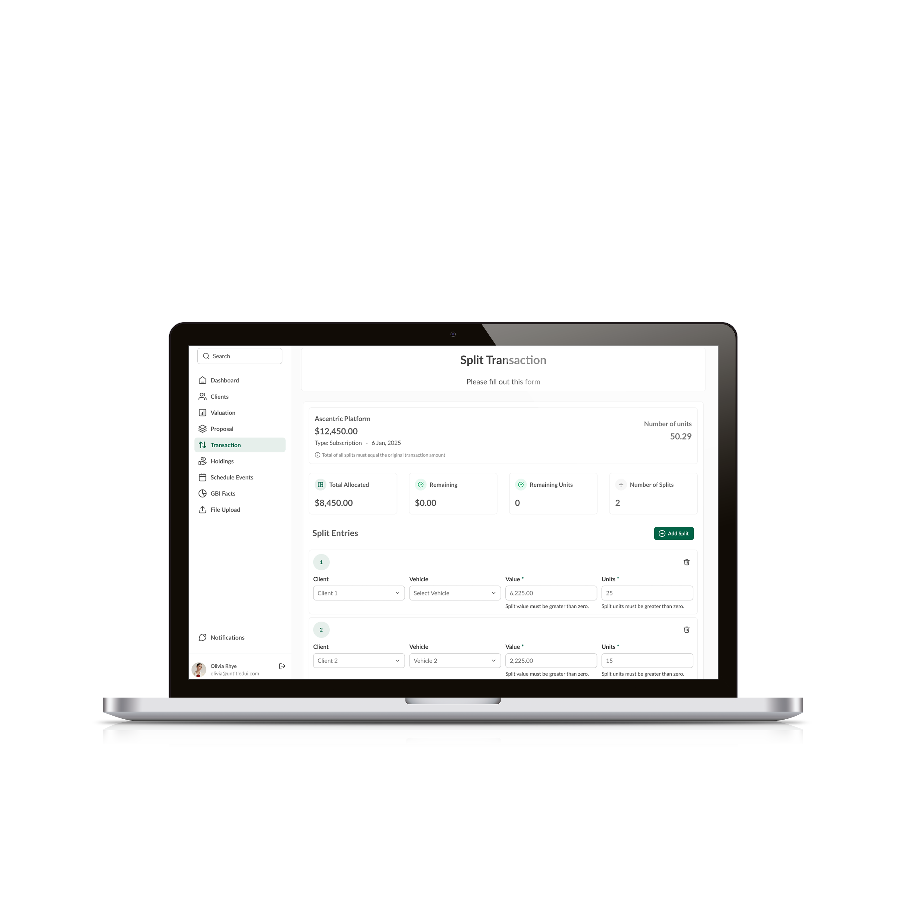 Split Transaction form — complex multi-entry form for allocating a transaction across multiple clients and vehicles