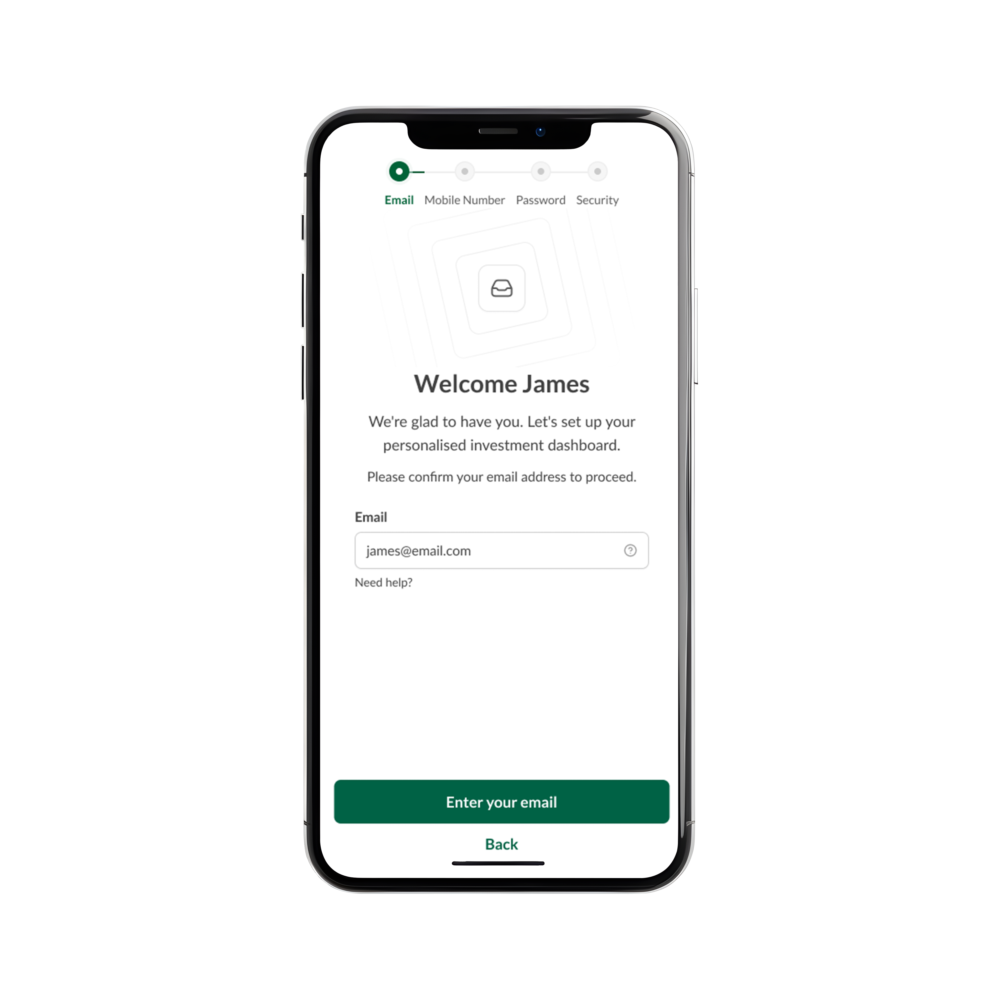 Secure invitation flow — personalised onboarding entry screen